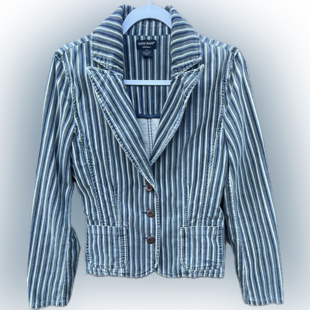 GUESS Vintage 90s Women’s Corduroy Jacket Blue/Green/Cream Stripes Size Large - Picture 1 of 3